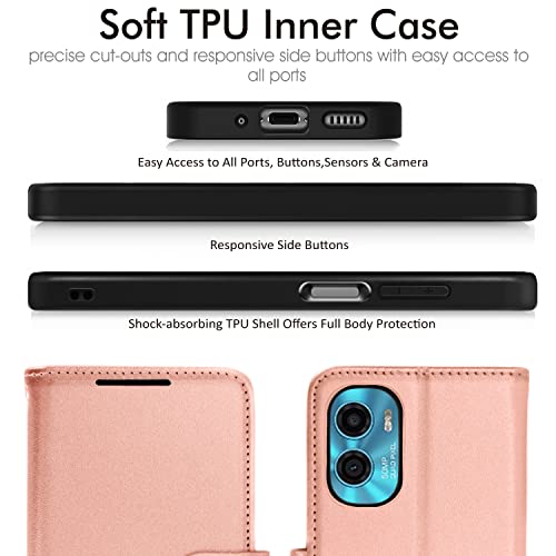 [Wallet Case] Protective Cover with Cash & Card Holder, Stand and Wrist Strap For Motorola Moto E32
