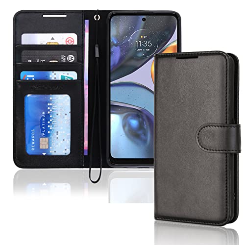 [Wallet Case] Protective Cover with Cash & Card Holder, Stand and Wrist Strap For Motorola Moto G22