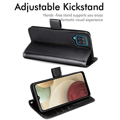 [Wallet Case] Protective Cover with Cash & Card Holder, Stand and Wrist Strap For Samsung Galaxy A12