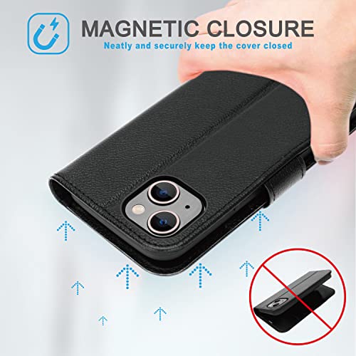 [Leather Wallet Case] Genuine Leather [RFID Blocking] Magnetic Flip Case with Card & Slots and Stand For iPhone 14 Plus