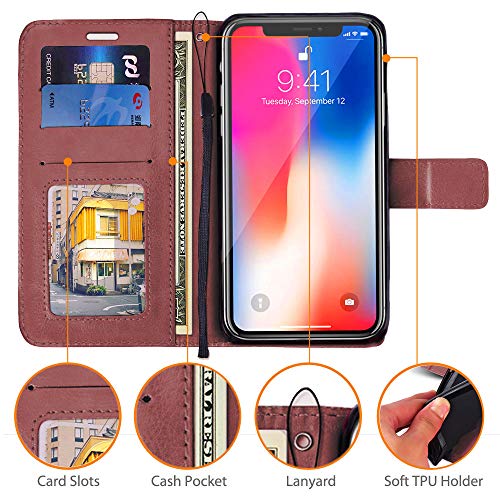 [Wallet Case] Protective Cover with Cash & Card Holder, Stand and Wrist Strap For Apple iPhone XS Max