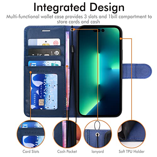 [Wallet Case] Protective Cover with Cash & Card Holder, Stand and Wrist Strap For Apple iPhone 14 Pro Max