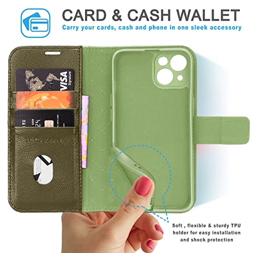 [Leather Wallet Case] Genuine Leather [RFID Blocking] Magnetic Flip Case with Card & Slots and Stand For iPhone 13 6.1"