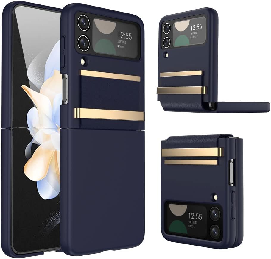 Samsung Galaxy Z Flip 4 Screen Protector Case, Z Flip 4 Case with Stylish Leather Hinge & Metal Trim, Hard PC Shockproof [Screen Protector] Case