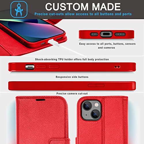 [Leather Wallet Case] Genuine Leather [RFID Blocking] Magnetic Flip Case with Card & Slots and Stand For iPhone 14 6.1"