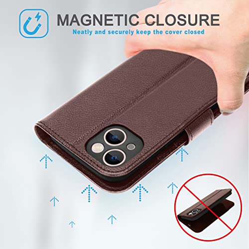 [Leather Wallet Case] Genuine Leather [RFID Blocking] Magnetic Flip Case with Card & Slots and Stand For iPhone 13 6.1"