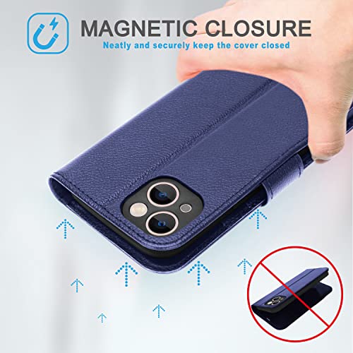 [Leather Wallet Case] Genuine Leather [RFID Blocking] Magnetic Flip Case with Card & Slots and Stand For iPhone 13 6.1"