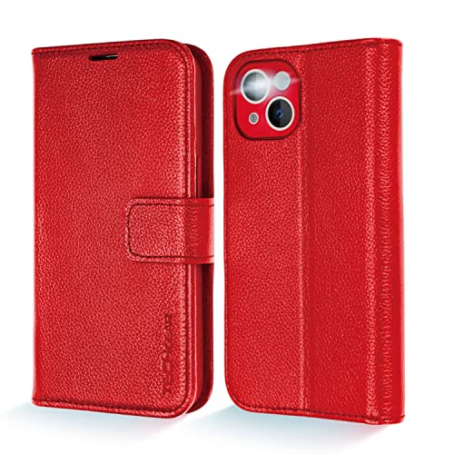 [Leather Wallet Case] Genuine Leather [RFID Blocking] Magnetic Flip Case with Card & Slots and Stand For iPhone 13 Mini