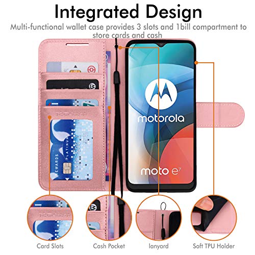 [Wallet Case] Protective Cover with Cash & Card Holder, Stand and Wrist Strap For Motorola Moto E7