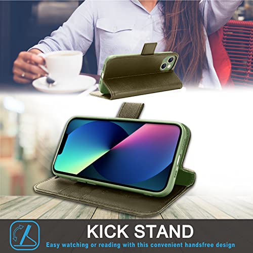 [Leather Wallet Case] Genuine Leather [RFID Blocking] Magnetic Flip Case with Card & Slots and Stand For iPhone 13 6.1"