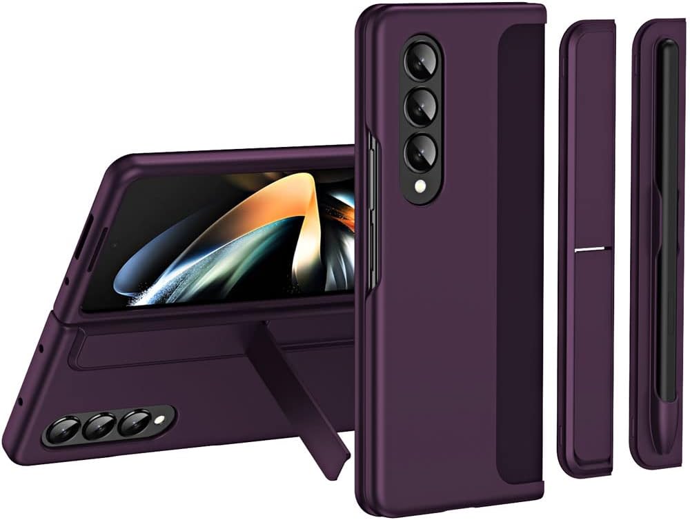 Samsung Galaxy Z Fold 4 Phone Case, [Interchangeable S-Pen Holder / Kickstand] [Front Screen Frame] Ultra-thin Hard PC Bumper Full Protective Cover