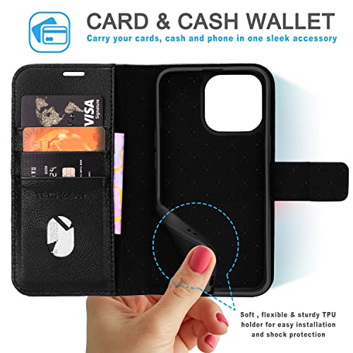 [Leather Wallet Case] Genuine Leather [RFID Blocking] Magnetic Flip Case with Card & Slots and Stand For iPhone 14 Pro