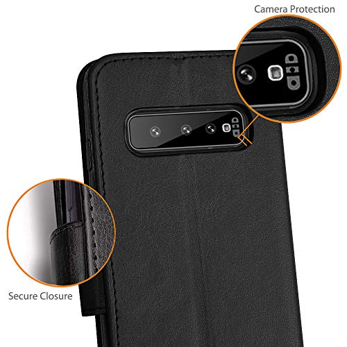 [Leather Wallet Case] Protective Cover with Cash & Card Holder, Stand and Wrist Strap For Samsung Galaxy S10 Plus