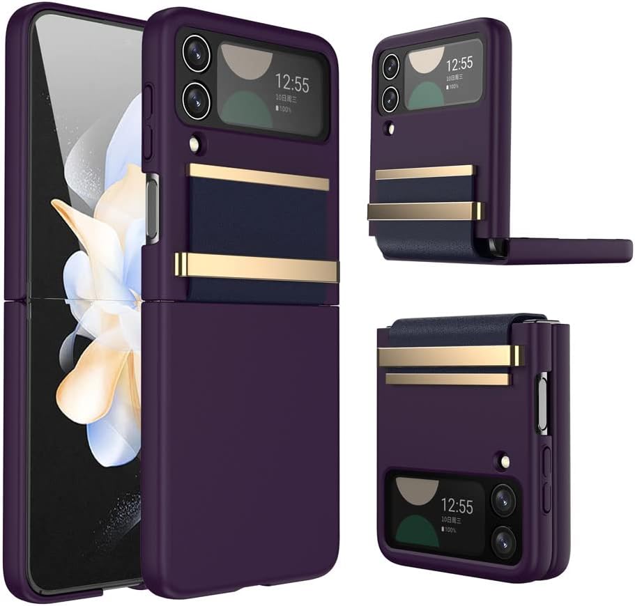 Samsung Galaxy Z Flip 4 Screen Protector Case, Z Flip 4 Case with Stylish Leather Hinge & Metal Trim, Hard PC Shockproof [Screen Protector] Case