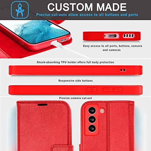 [Leather Wallet Case] Genuine Leather [RFID Blocking] Magnetic Flip Case with Card & Slots and Stand For Samsung Galaxy S22 Plus