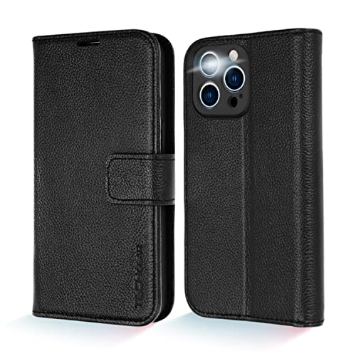[Leather Wallet Case] Genuine Leather [RFID Blocking] Magnetic Flip Case with Card & Slots and Stand For iPhone 13 Pro