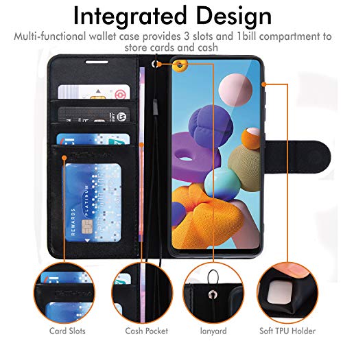 [Wallet Case] Protective Cover with Cash & Card Holder, Stand and Wrist Strap For Samsung Galaxy A21s