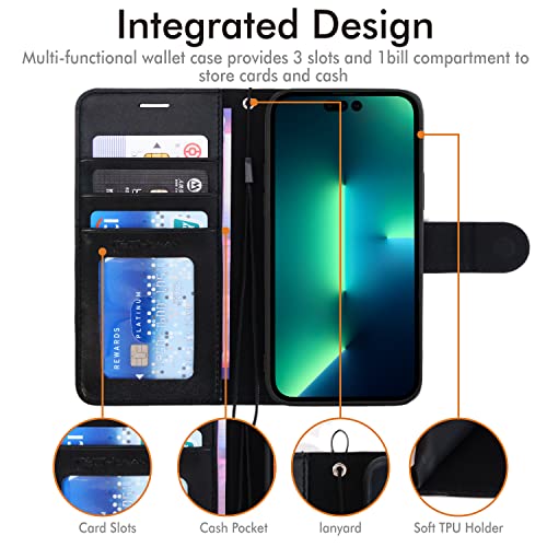 [Wallet Case] Protective Cover with Cash & Card Holder, Stand and Wrist Strap For Apple iPhone 14 Pro Max