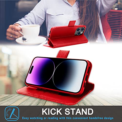 [Leather Wallet Case] Genuine Leather [RFID Blocking] Magnetic Flip Case with Card & Slots and Stand For iPhone 14 Pro Max