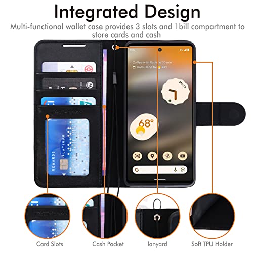 [Wallet Case] Protective Cover with Cash & Card Holder, Stand and Wrist Strap For Google Pixel 6a
