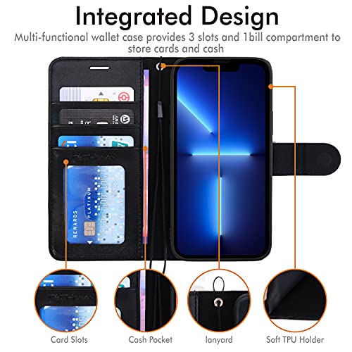 [Wallet Case] Protective Cover with Cash & Card Holder, Stand and Wrist Strap For Apple iPhone 13 Pro Max