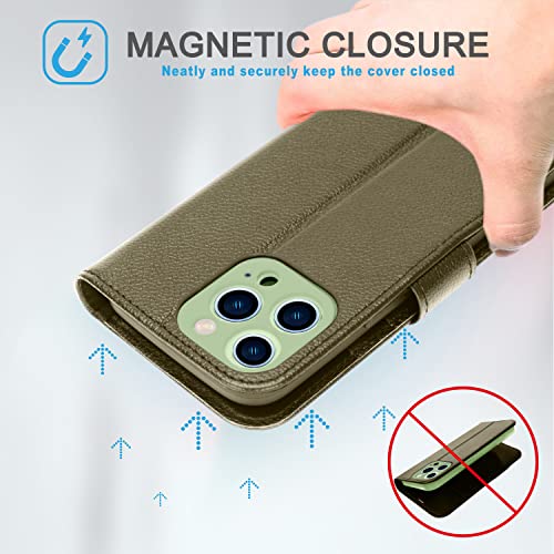 [Leather Wallet Case] Genuine Leather [RFID Blocking] Magnetic Flip Case with Card & Slots and Stand For iPhone 13 Pro