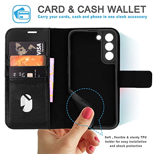 [Leather Wallet Case] Genuine Leather [RFID Blocking] Magnetic Flip Case with Card & Slots and Stand For Samsung Galaxy S22 Plus