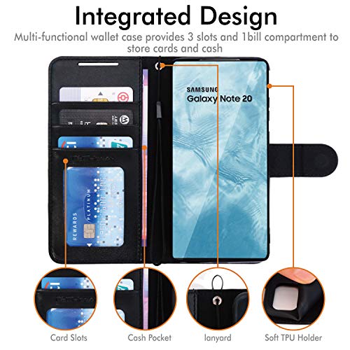[Wallet Case] Protective Cover with Cash & Card Holder, Stand and Wrist Strap For Samsung Note 20