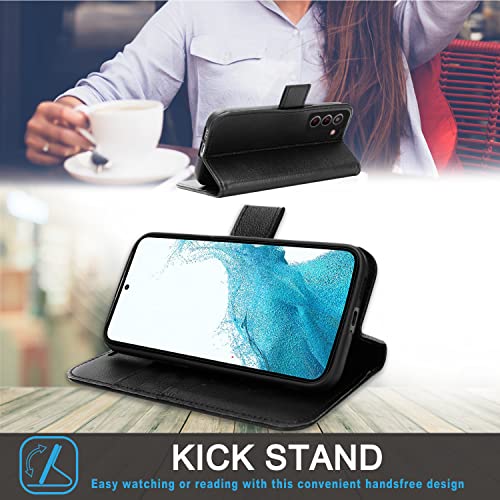 [Leather Wallet Case] Genuine Leather [RFID Blocking] Magnetic Flip Case with Card & Slots and Stand For Samsung Galaxy S22 Plus
