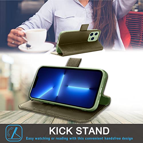 [Leather Wallet Case] Genuine Leather [RFID Blocking] Magnetic Flip Case with Card & Slots and Stand For iPhone 13 Pro