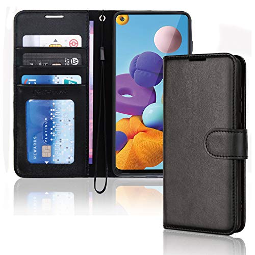 [Wallet Case] Protective Cover with Cash & Card Holder, Stand and Wrist Strap For Samsung Galaxy A21s
