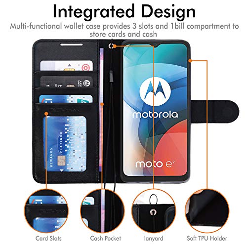 [Wallet Case] Protective Cover with Cash & Card Holder, Stand and Wrist Strap For Motorola Moto E7