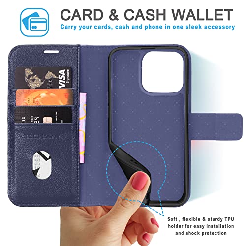 [Leather Wallet Case] Genuine Leather [RFID Blocking] Magnetic Flip Case with Card & Slots and Stand For iPhone 14 Pro
