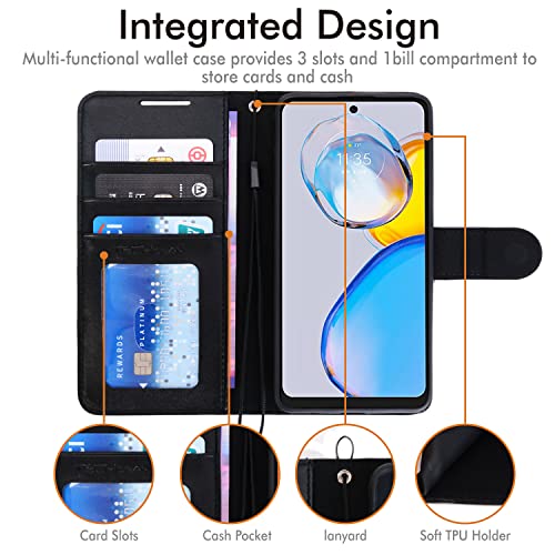 [Wallet Case] Protective Cover with Cash & Card Holder, Stand and Wrist Strap For Motorola Moto E32