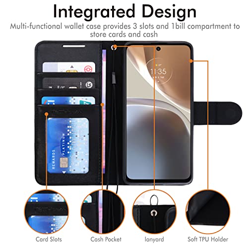 [Wallet Case] Protective Cover with Cash & Card Holder, Stand and Wrist Strap For Motorola Moto G32