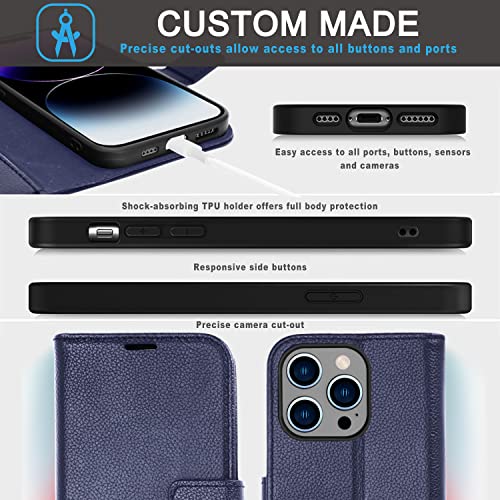 [Leather Wallet Case] Genuine Leather [RFID Blocking] Magnetic Flip Case with Card & Slots and Stand For iPhone 14 Pro Max