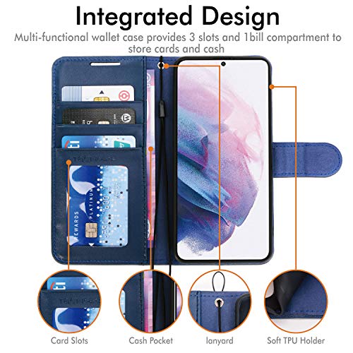 [Wallet Case] Protective Cover with Cash & Card Holder, Stand and Wrist Strap For Samsung Galaxy S21 Plus