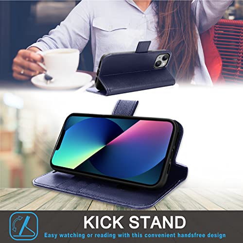 [Leather Wallet Case] Genuine Leather [RFID Blocking] Magnetic Flip Case with Card & Slots and Stand For iPhone 14 Plus