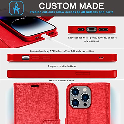 [Leather Wallet Case] Genuine Leather [RFID Blocking] Magnetic Flip Case with Card & Slots and Stand For iPhone 14 Pro Max