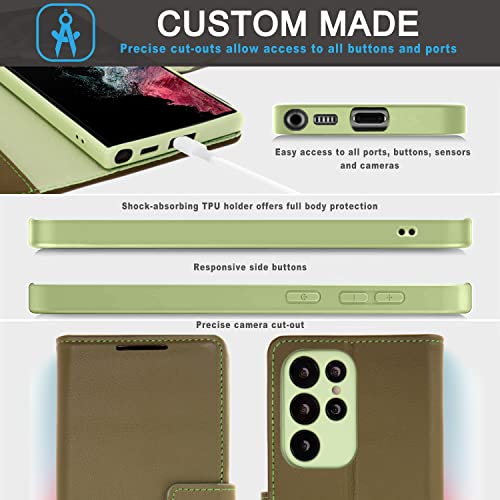 [Leather Wallet Case] Genuine Leather [RFID Blocking] Magnetic Flip Case with Card & Slots and Stand For Samsung Galaxy S22 Ultra