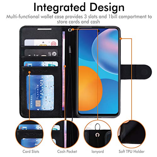 [Wallet Case] Protective Cover with Cash & Card Holder, Stand and Wrist Strap For Huawei P Smart 2021