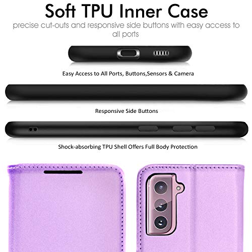 [Wallet Case] Protective Cover with Cash & Card Holder, Stand and Wrist Strap For Samsung Galaxy S21