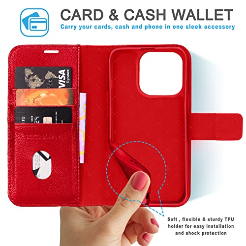 [Leather Wallet Case] Genuine Leather [RFID Blocking] Magnetic Flip Case with Card & Slots and Stand For iPhone 14 Pro