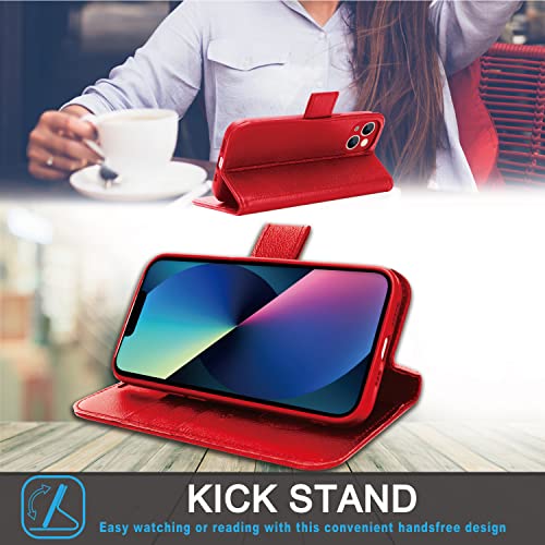 [Leather Wallet Case] Genuine Leather [RFID Blocking] Magnetic Flip Case with Card & Slots and Stand For iPhone 13 6.1"