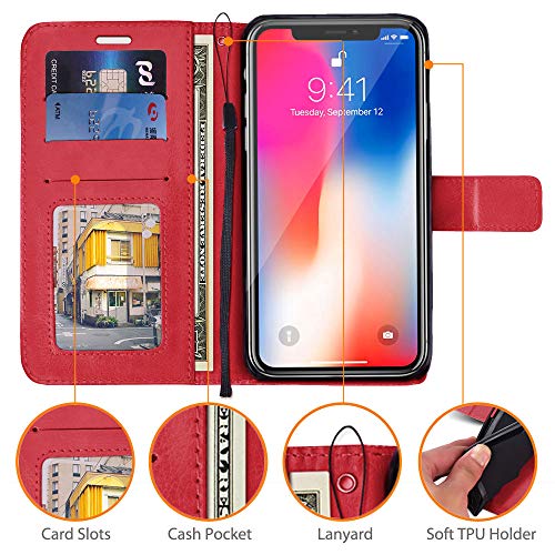 [Wallet Case] Protective Cover with Cash & Card Holder, Stand and Wrist Strap For Apple iPhone XS Max