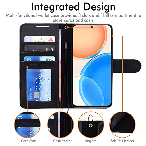 [Wallet Case] Protective Cover with Cash & Card Holder, Stand and Wrist Strap For Honor X8