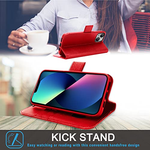 [Leather Wallet Case] Genuine Leather [RFID Blocking] Magnetic Flip Case with Card & Slots and Stand For iPhone 14 Plus