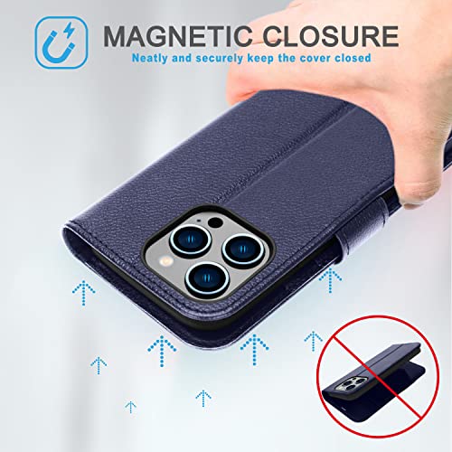 [Leather Wallet Case] Genuine Leather [RFID Blocking] Magnetic Flip Case with Card & Slots and Stand For iPhone 14 Pro