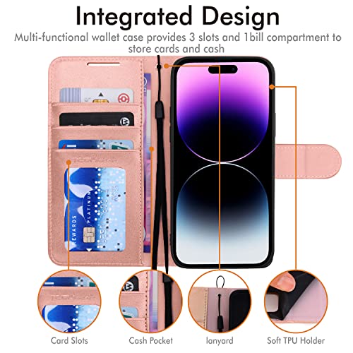 [Wallet Case] Protective Cover with Cash & Card Holder, Stand and Wrist Strap For Apple iPhone 14 Pro