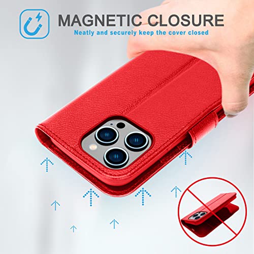 [Leather Wallet Case] Genuine Leather [RFID Blocking] Magnetic Flip Case with Card & Slots and Stand For iPhone 14 Pro